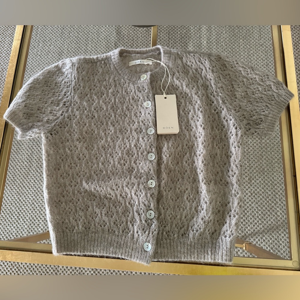 DÔEN Light Taupe Lace-Openwork Short-Sleeve Cardigan
